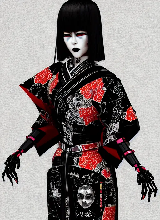 Image similar to full body portrait of a gothic style japanese robot geisha with kanji tattoos and decals wearing a digital pixelated kimono, intricate design, photo - realistic, octane render, dark colour palette, ultra fine detailed, character design, trending on artstation