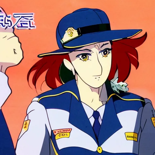 Image similar to close - up portrait of police woman, animation cel for anime movie, designed by haruhiko mikimoto, studio trigger, gainax, intense colors