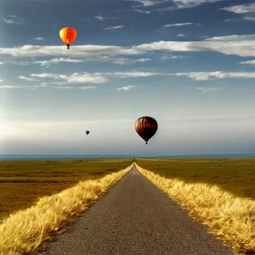 straight road with hot - air balloon at the end of | Stable Diffusion ...