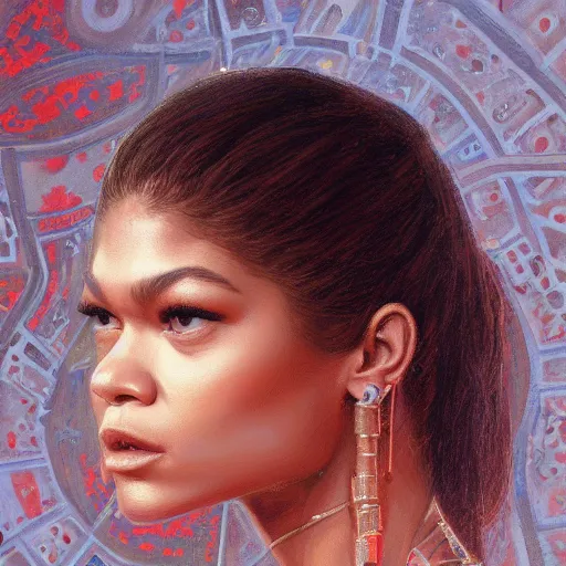 Image similar to zendaya on the red carpet, closeup portrait art by donato giancola and greg rutkowski, realistic face, digital art, trending on artstation, symmetry!!