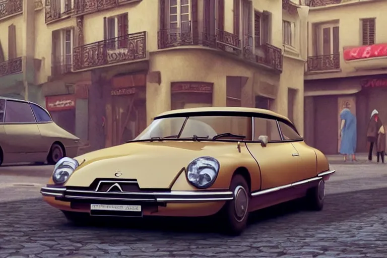 Prompt: a wholesome animation key shot of!! one!! focused!! 1 9 7 4 citroen ds!! in a paris street, medium shot, studio ghibli, ( pixar ) and disney animation, sharp, very detailed, high resolution, rendered in unreal engine 5, anime key art by greg rutkowski, bloom, dramatic lighting