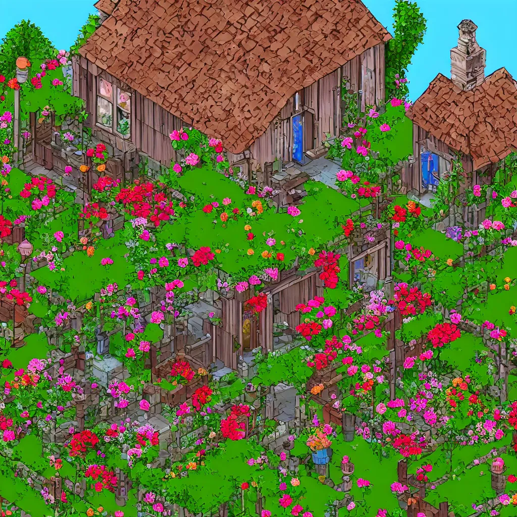 Prompt: a house with flowers in front of it, from a point and click graphic adventure game made in 1992