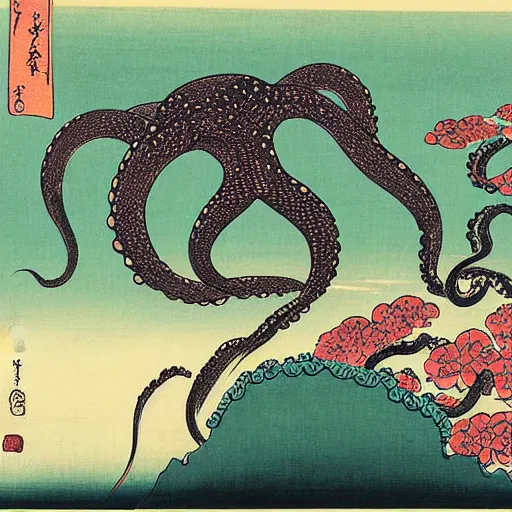 Image similar to octopus, mt fuji, cherry blossoms, big wave, ukiyo-e by Utagawa Kuniyoshi