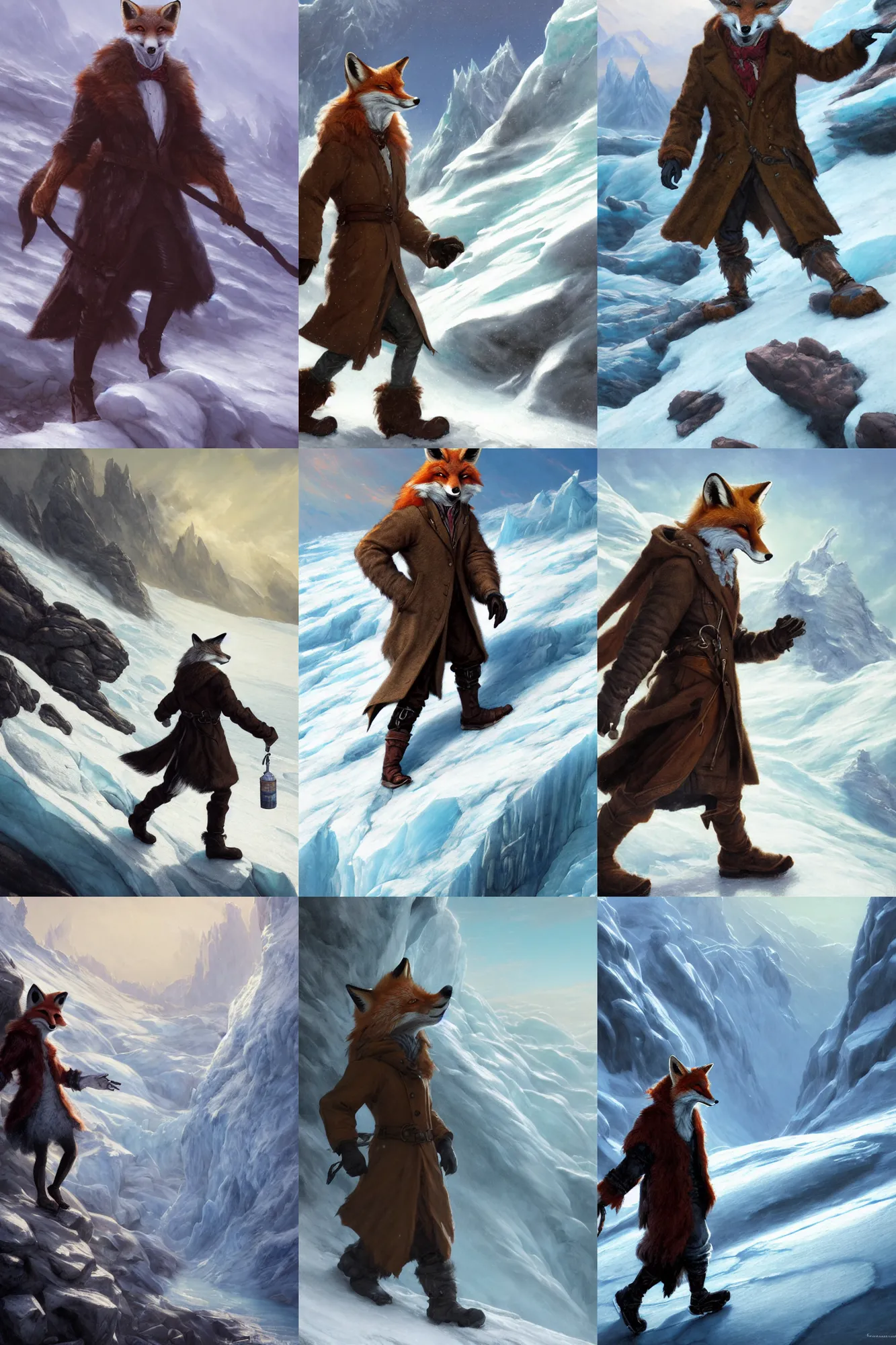 Prompt: an anthropomorphic fox man wearing a long coat walking across a glacier, character illustration by Aaron Miller, Greg Rutkowski, thomas kinkade, Howard Pyle, disney, El Greco, Cynthia Sheppard, detailed hands