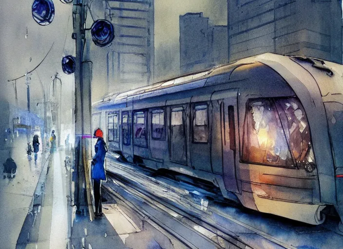 Image similar to concept art of a urban train, pinterest, artstation trending, behance, watercolor, by coby whitmore *, silver, laser light *,