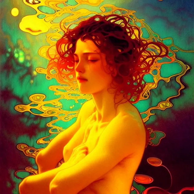 Prompt: transcendent mind bending indigo waves of glossy psychedelic liquid honey flowing like kaleidoscopic translucent amber, lsd waves, honey ripples, enlightenment, dramatic professional lighting, refracted sunset lighting, art by collier, albert aublet, krenz cushart, artem demura, alphonse mucha