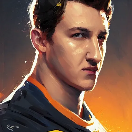 Image similar to portrait of a superhero by greg rutkowski, he looks like miles teller, he is wearing a black, orange and yellow kevlar gear, highly detailed portrait, digital painting, artstation, concept art, smooth, sharp foccus ilustration, artstation hq