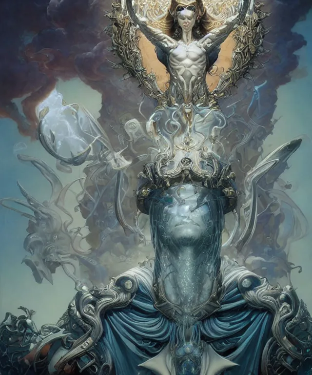 Image similar to beautiful evil fantasy god of justice portrait, ultra realistic, wide angle, intricate details, the fifth element artifacts, highly detailed by peter mohrbacher, hajime sorayama, wayne barlowe, boris vallejo, aaron horkey, gaston bussiere, craig mullins