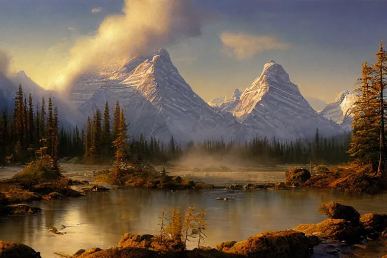 Prompt: an epic landscape painting of the three sisters mountains in canada, with snow on its peak, at sunrise in springtime, with a small river in the foreground, painted by x, atmospheric, volumetric lighting, rolling fog, breathtaking, highly detailed, painted by ted nasmith