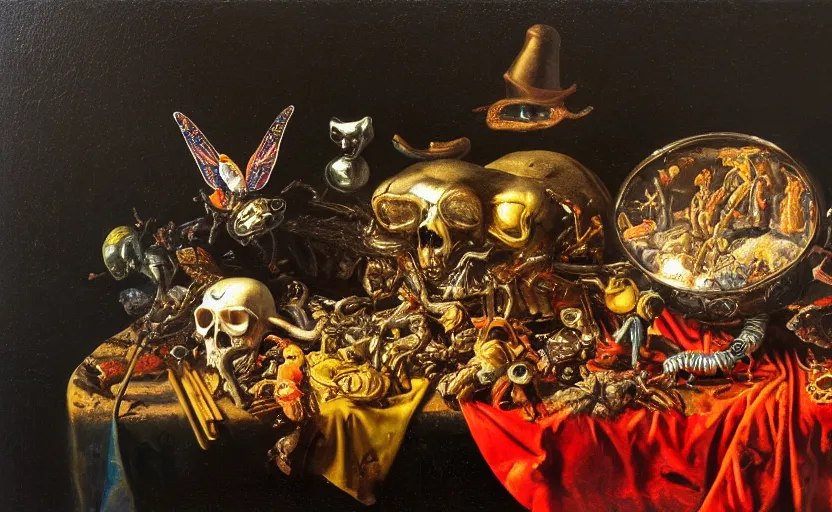 Prompt: disturbing colorful oil painting dutch golden age vanitas still life with bizarre objects strange gooey surfaces shiny metal bizarre insects rachel ruysch dali todd schorr very detailed perfect composition rule of thirds masterpiece canon 5 0 mm, cinematic lighting, photography, retro, film, kodachrome