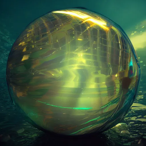 Image similar to tilt shift sphere underwater huge light intricate reflection diffraction refraction marble gold obsidian preraffaellite photography cut, octane, artstation render 8 k neon