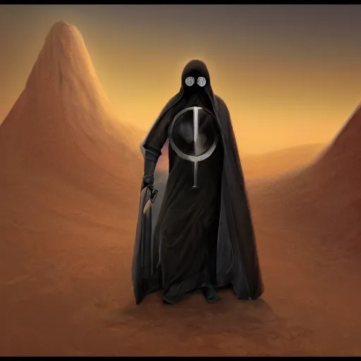 Image similar to a man wearing a long cloak and gasmask, in the desert, album cover, illustrated by Arik Roper, high detail, trending on artstation