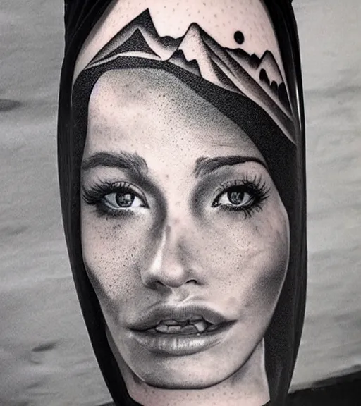 Image similar to double exposure of a hyper realistic mountain scenery with a beautiful woman face, tattoo design sketch, in the style of matteo pasqualin, hyper - realistic, amazing detail, black and white