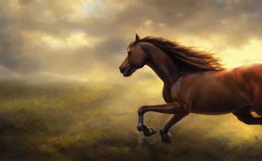 Image similar to a beautiful oil painting of a proud galloping horse. wide angle, fantasy art, heroic lighting, very very very beautiful raytraced rendering, fog, finger of god, amazing wallpaper