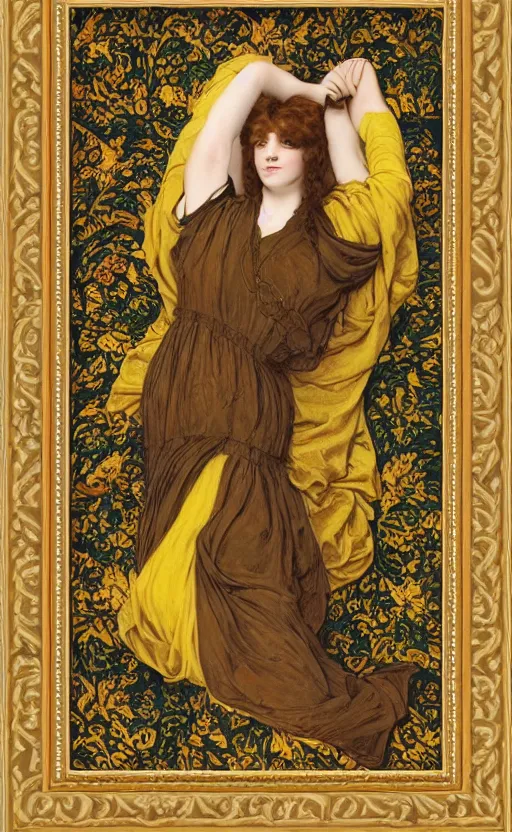 Image similar to full body reclining masterpiece of preraphaelite portrait photography, brown hair fringe, yellow ochre ornate medieval dress, william morris and kilian eng and mucha, framed, 4 k