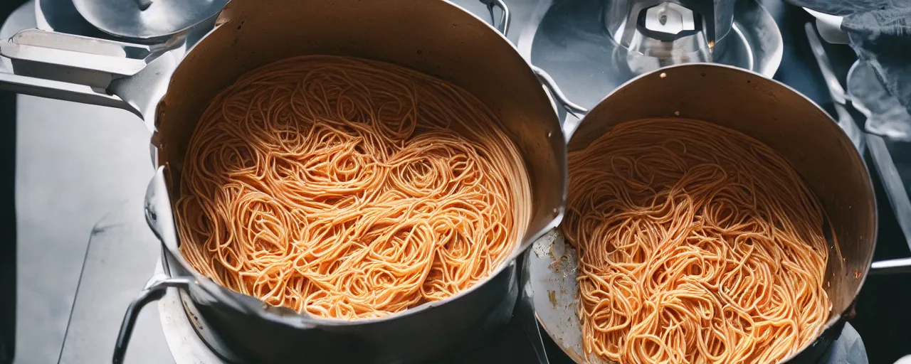 Image similar to medium shot of spaghetti being cooked in a large pot, home kitchen, sharply focused, canon 5 0 mm, wes anderson film, kodachrome