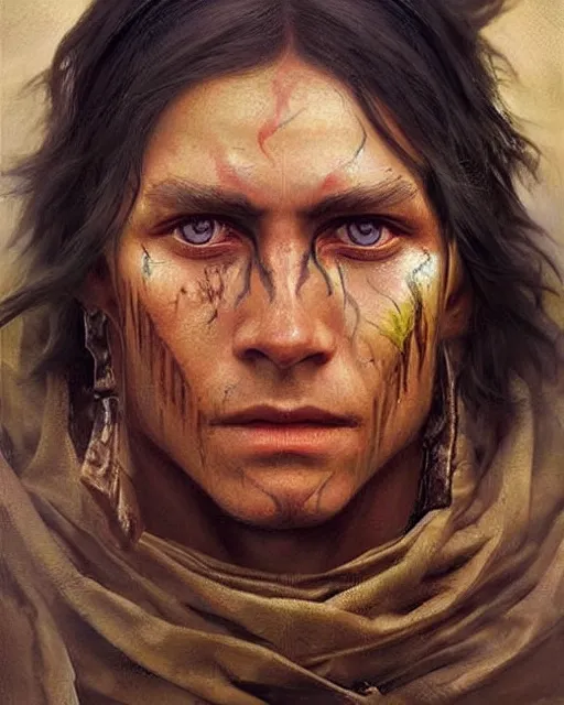Image similar to an old sioux warrior, scars on his face, oil on canvas, artstation, by j. c. leyendecker and edmund blair leighton and charlie bowater, beautiful face, octane, very aesthetic!!!!!!!!!!!!!!! stunning gorgeous big eyes