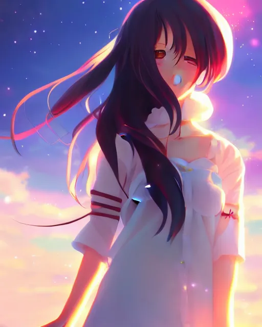 Image similar to anime style, vivid, expressive, full body, 4 k, painting, a cute magical girl with a long wavy black hair, stunning, realistic light and shadow effects, centered, simple background, studio ghibly makoto shinkai yuji yamaguchi