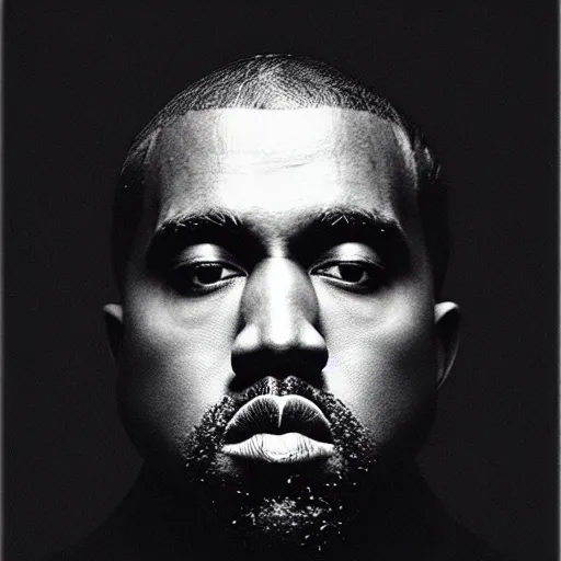 Image similar to a chiaroscuro lighting portrait of kanye west dressed as rick owens, black background, portrait by julia margaret cameron, shallow depth of field, 8 0 mm, f 1. 8