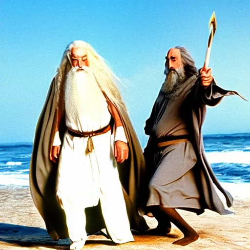 Image similar to Gandalf and Saruman frolicking on a beach, cinematic color