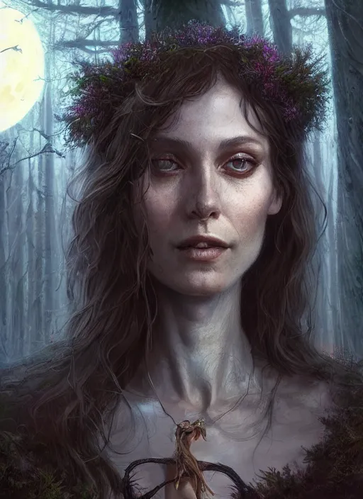 Image similar to close - up face portrait of a beautiful skinny woman as witch in front of the full big moon in a fantasy forest, by james gurney, greg rutkowski, highly detailed digital art, artstation