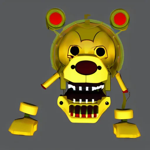 Prompt: a broken animatronic in a part of service room fnaf style digital art