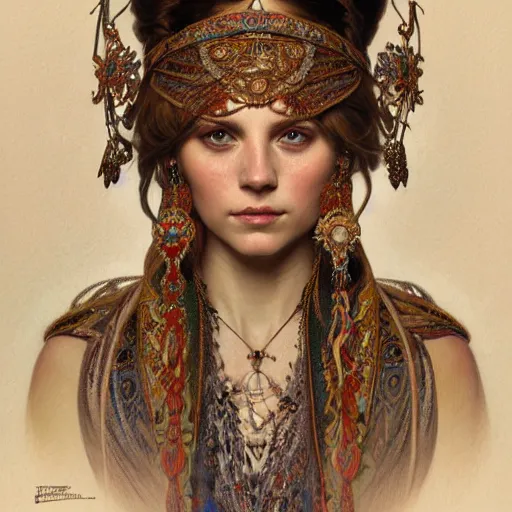 Image similar to a portrait of a female, upper half portrait, decorated with russian motifs, russian shaman, siberia, traditional russia, intricate, elegant, highly detailed, symmetry, headpiece, digital painting, artstation concept art smooth sharp focus, illustration, art by artgerm and greg rutkowski alphonse mucha 8 k