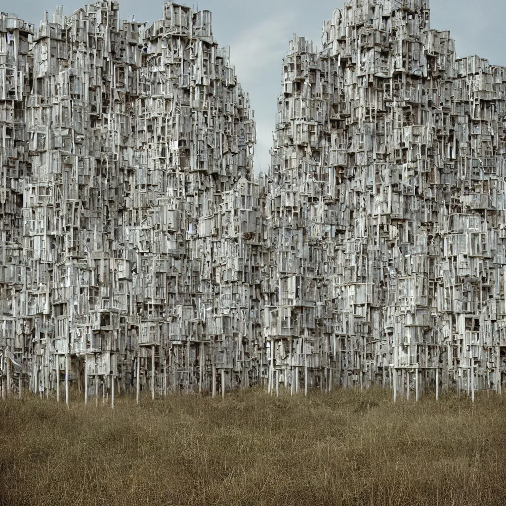 Image similar to organic looking towers, made up of makeshift squatter shacks with light colours, dystopia, mamiya rz 6 7, fully frontal view, very detailed, photographed by jeanette hagglund