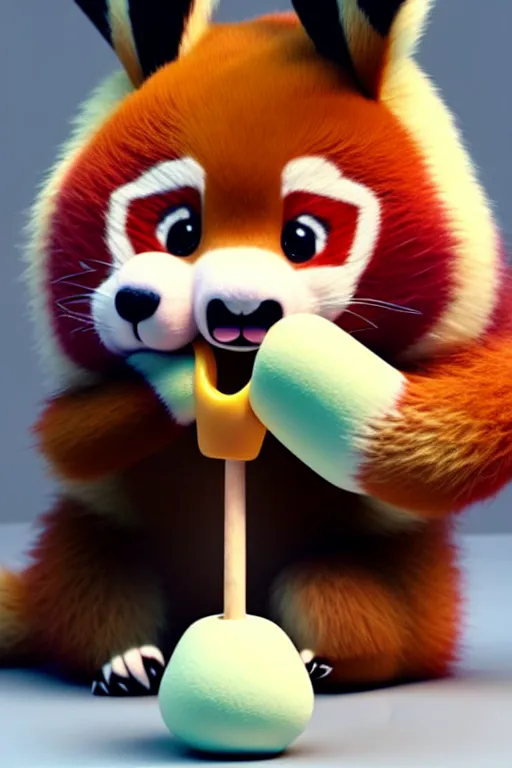 Image similar to high quality 3 d render hyperrealist very cute pastel happy red panda & koala hybrid stuffing mouth with ice cream, vray smooth, in the style of detective pikachu, very dramatic light, low angle, uhd 8 k, shallow depth or field