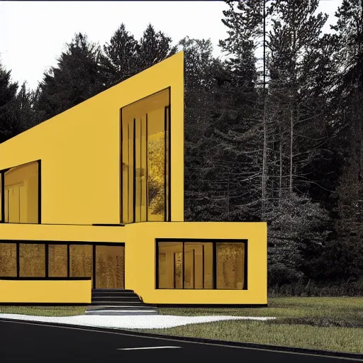 Image similar to architecture ad for a mid-century modern house in the middle of the wood designed by zaha hadid. grain, cinematic, colorized, yellow hue.