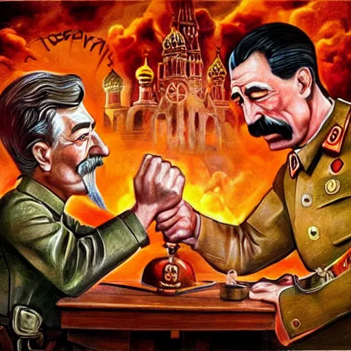 Prompt: picture of ( ( arm wrestling between putin and stalin ) ) in apocalyptic russia, hyperrealistic, digital concept art, sharp focus, 3 5 mm film, caricature illustration, art by magic realism, art by josephine wall, art by huang guangjian, art by viktoria gavrilenko, art by amanda sage, trending on artstation