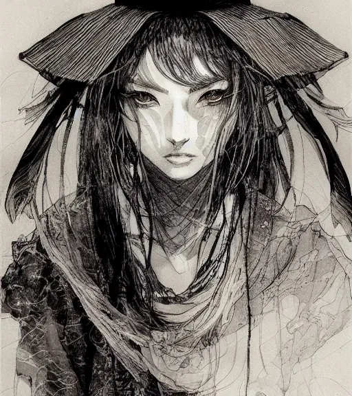 Image similar to portrait of anime woman wearing witch hat, pen and ink, intricate line drawings, by craig mullins, ruan jia, kentaro miura, greg rutkowski, loundraw