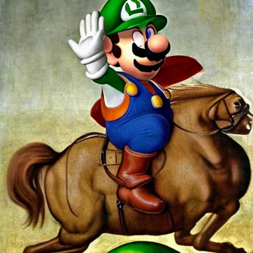 Image similar to luigi from super mario riding an osterich in a church, painting by leonardo da vinci, hyperrealistic