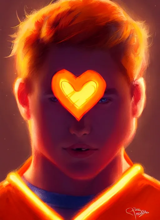 Prompt: kind teenage archie andrews wearing an orange superhero costume, freckles, superhero costume with heart emblem, cape, intricate, elegant, glowing lights, highly detailed, digital painting, artstation, sharp focus, illustration, art by wlop, mars ravelo and greg rutkowski