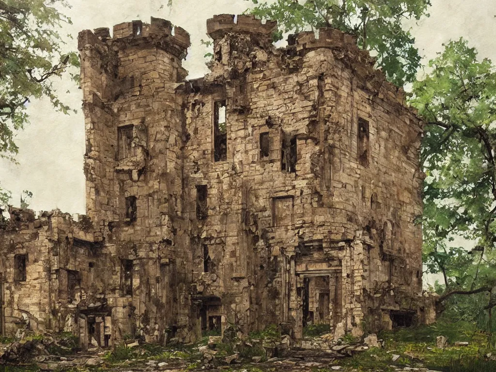 Image similar to A beautiful painting of a dilapidated ancient castle building in the wood, by Coby Whitmore, Trending on artstation, very detailed