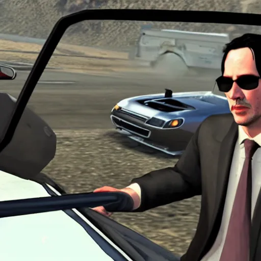 Image similar to Keanu Reeves driving ford mustand in gta5