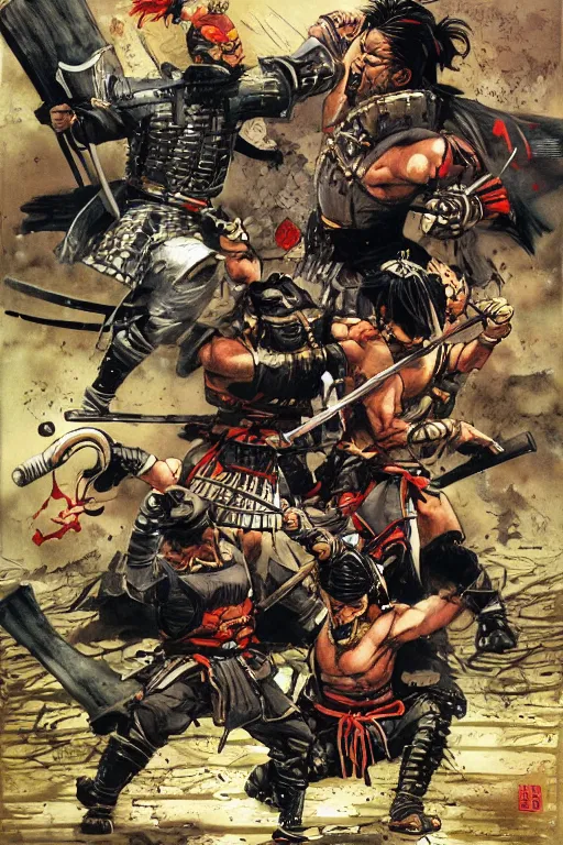 Prompt: samurai battle by kev walker, simon bisley and paolo parente