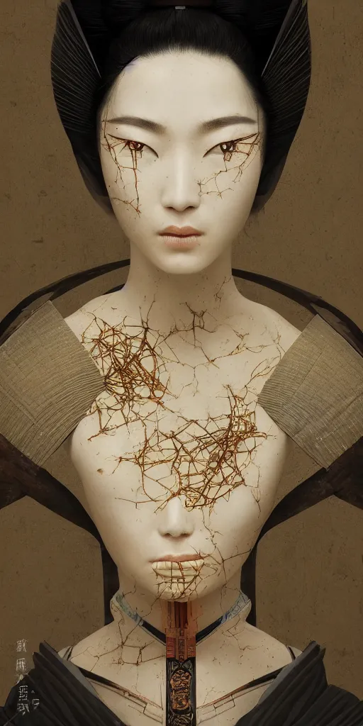 Image similar to portrait of a futuristic geisha with crying black eyes, kintsugi, modern fine art, fractal, intricate, elegant, highly detailed, digital photography, subsurface scattering, by jheronimus bosch and greg rutkowski,