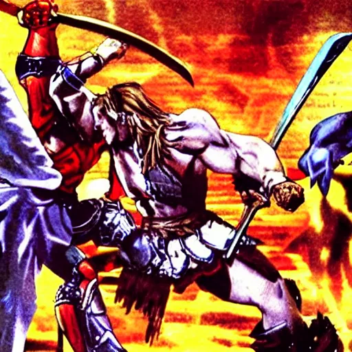 Image similar to ax battler fighting a warrior, golden axe the movie, still