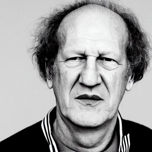 Image similar to werner herzog wearing a where's wally red and white striped turtleneck top. realistic photo.