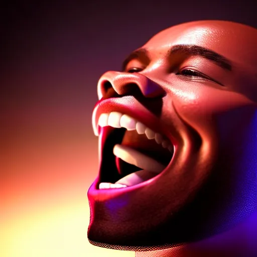 Image similar to a black man singing with all teeth shown ultra realistic, lens flare, atmosphere, glow, detailed, intricate, full of colour, cinematic lighting, trending on artstation, 4 k, hyperrealistic, focused, extreme details, unreal engine 5, cinematic, masterpiece, ultra realistic, hyper realistic, highly detailed, sharp focus, digital art