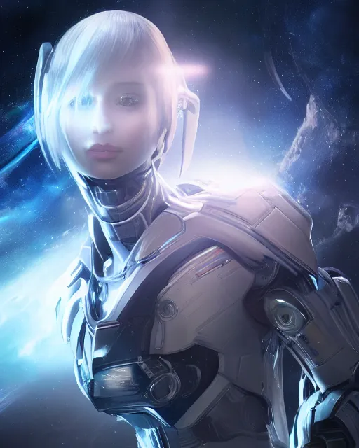 Image similar to photo of an android girl on a mothership, warframe armor, beautiful face, scifi, nebula, futuristic, space, galaxy, raytracing, dreamy, perfect, atmosphere, aura of light, pure, white hair, blue cyborg eyes, glow, insanely detailed, intricate, innocent look, art by akihiko yoshida, kazuya takahashi