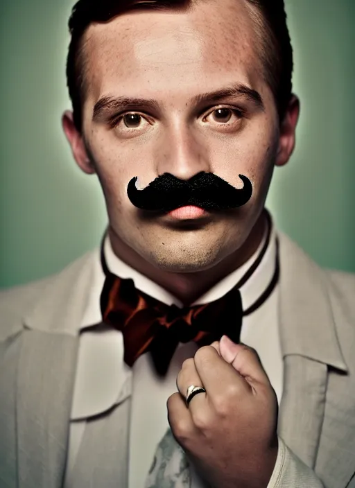 Image similar to a fashion portrait photograph of a man with a moustache art directed by Wes Anderson, 35mm, pentax, studio lighting