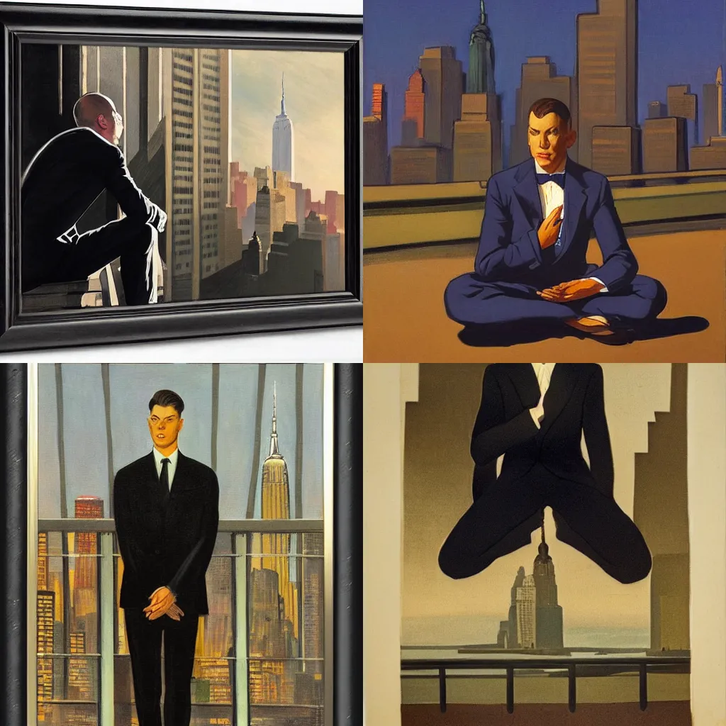 Prompt: man in black suit in meditation pose, new york buildings, city view landscape, leyendecker style