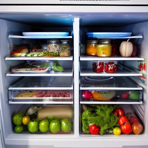 Image similar to photo of a fridge full of food, highly detailed, high quality, HD, 4k, 8k, Canon 300mm, professional photographer, 40mp, lifelike, top-rated, award winning, realistic, sharp, no blur, edited, corrected, trending