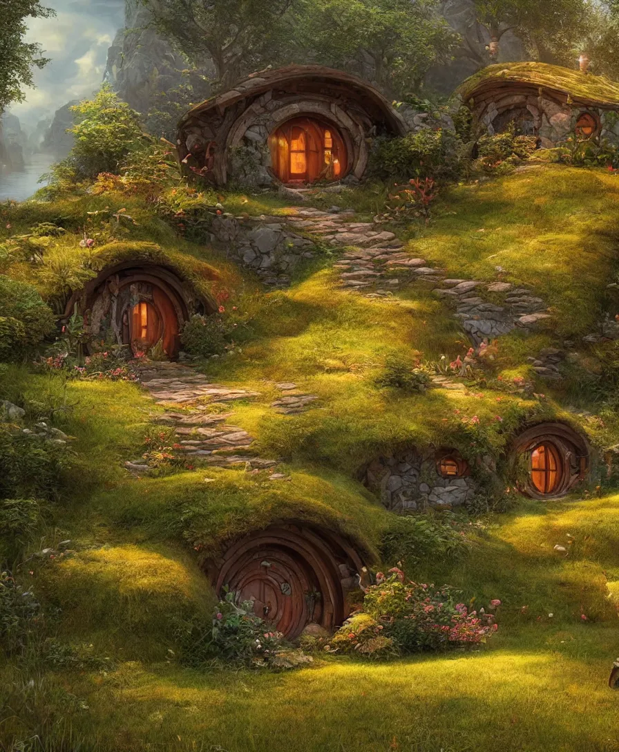 Prompt: beautiful Hyperrealistic hobbit house by the lake, highly detailed, digital painting, trending artstation, concept art, illustration, cinematic lighting, vibrant colors, photorealism, epic, octane render