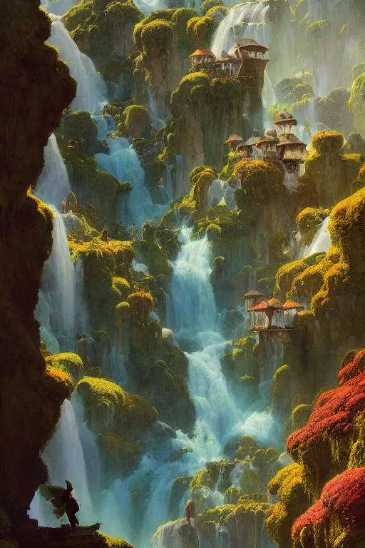 Image similar to a beautiful digital painting of an a fairy village built on an enormous waterfall by maxfield parrish, greg rutkowski, rossdraws, james jean, gerald brom, andrei riabovitchev, marc simonetti, and sakimichan, trending on artstation