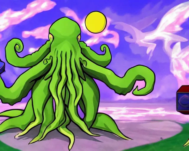 Image similar to Cthulhu in the Pokémon games. Capturing Cthulhu. RPG pet simulator.