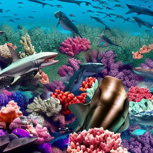 Image similar to beautiful hyper realistic coral reef full of sharks in 4 k