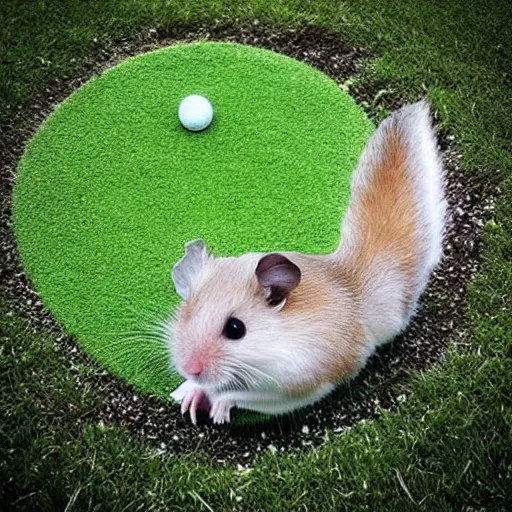 Image similar to “ hamster coming out of a golf hole, golf flag, golf terrain ”